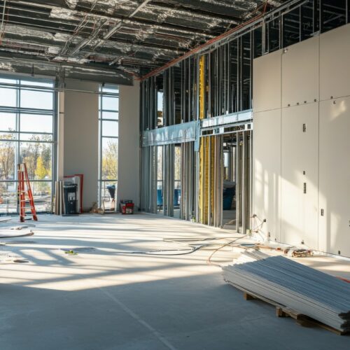 Construction Worker Installing Drywall in a Large Room