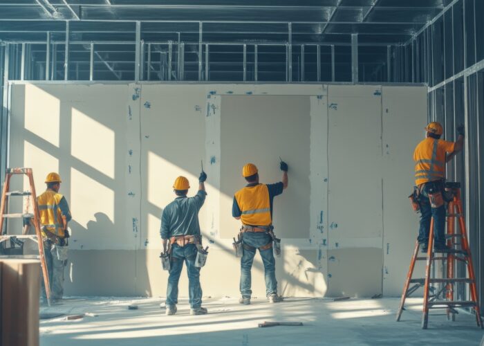 Construction Workers Installing Drywall in a New Building