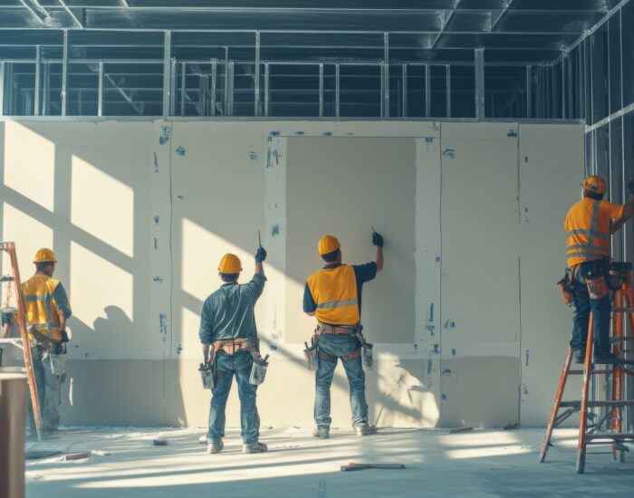 Construction Workers Installing Drywall in a New Building